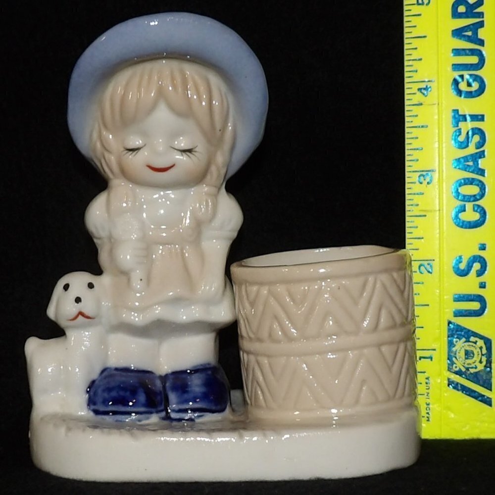 Vintage Girl Holding Flower and Puppy Toothpick/Candle Holder